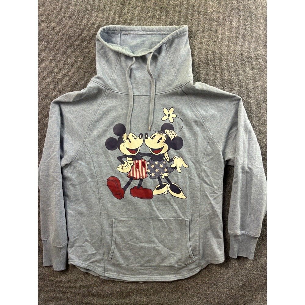 Disney Parks Sweatshirt Women Large Blue Mickey Minnie Funnel Neck Pullover